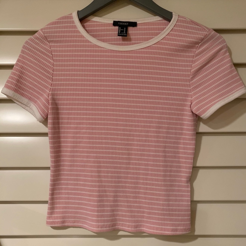 White and Pink Striped Tee Crop Top